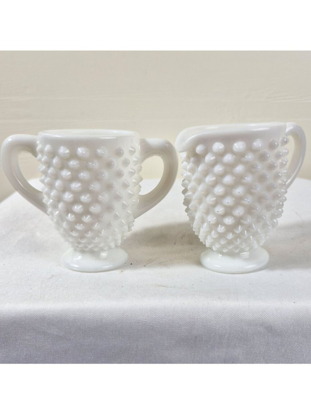 Vintage Fenton Hobnail Milk Glass Creamer Sugar Bowl Set 3" Tall Pedestal Base